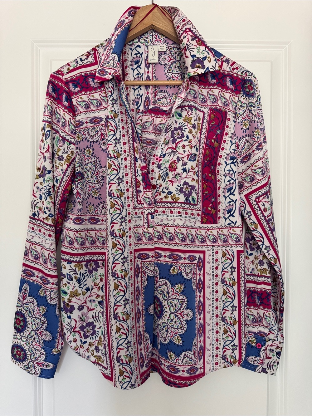 Joie Paisley Floral Print Button Down Blouse Pink Blue Boho Shirt / Size Medium